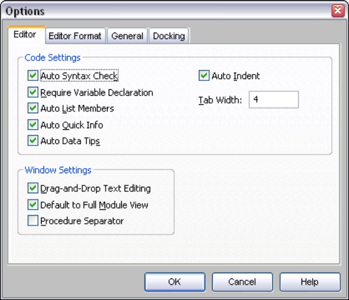 The Modules tab of the Options dialog box contains a number of important VBA coding options.